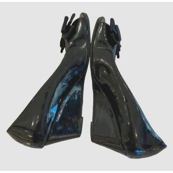 Nordstrom Children's Size 2.5 Black Patent Leather Peep Toe Wedge Shoes With Bow - Picture 6 of 7